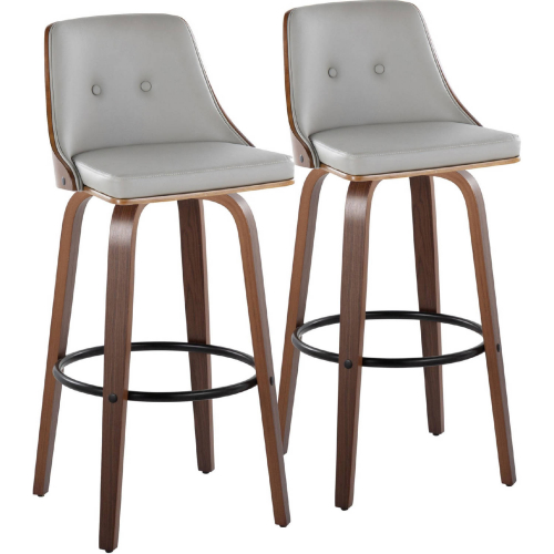 Gianna Swivel Bar Stool in Walnut Wood & Light Grey Leatherette w/ Black Footrest (Set of 2)